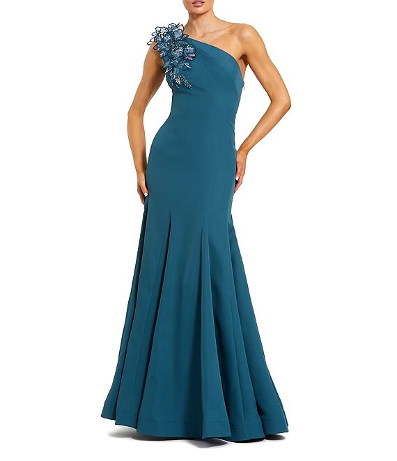Mac Duggal Crepe One Shoulder 3D Flower Applique Mermaid Gown, Ocean Blue - Image 1
