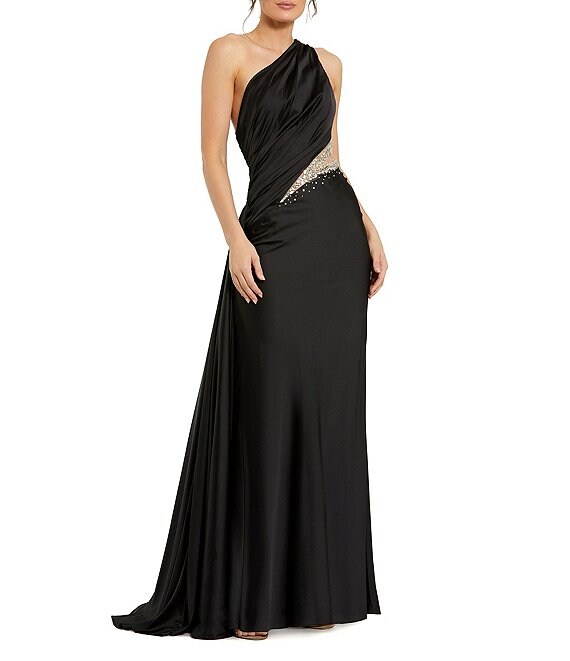 Mac Duggal Embellished Mesh Inset Satin Ruched One Shoulder Sleeveless Draped Gown, Black - Image 1