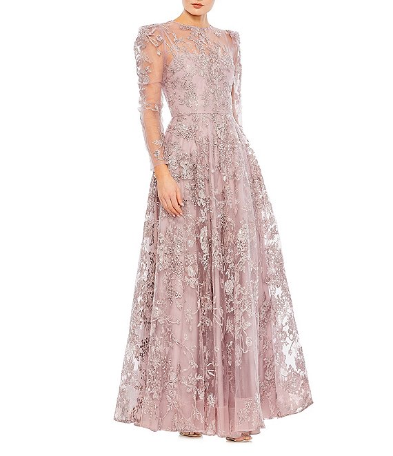 Mac Duggal Embroidered Sequin Illusion Crew Neck A-Line Gown, Lilac - Image 1