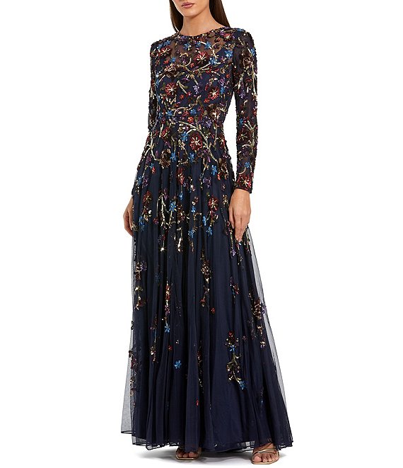 Mac Duggal Floral Beaded Mesh Long Sleeve A-Line Gown, Midnight Multi - Image 1