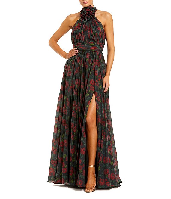 Mac Duggal Halger Floral Chiffon Maxi Dress with Flower Applique, Black Multi - Image 1