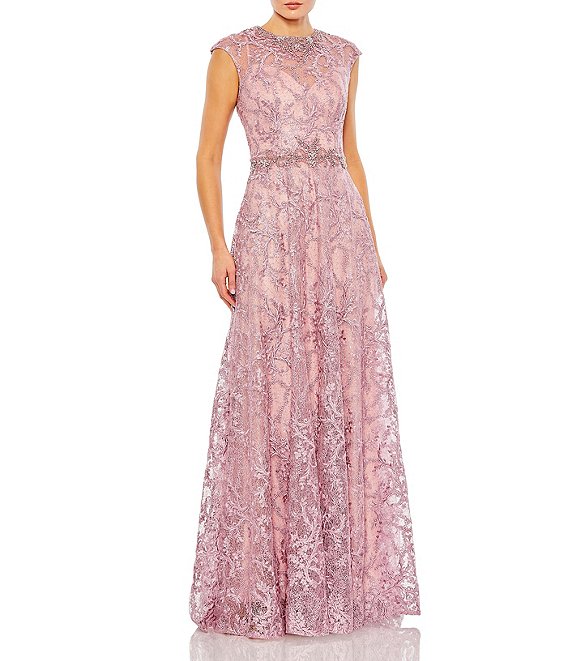 Mac Duggal Illusion Round Neck Cap Sleeve Embroidered Mesh A-Line Gown, Rose - Image 1