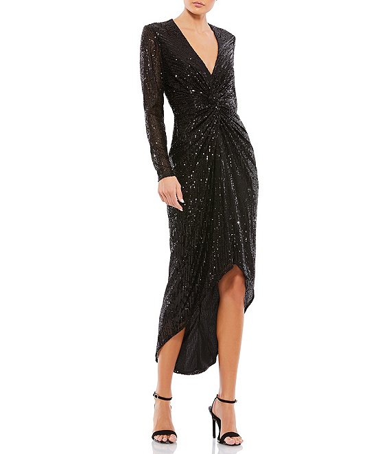 Mac Duggal Long Sleeve Sequin Hi Low Front Twist Dress, Black - Image 1