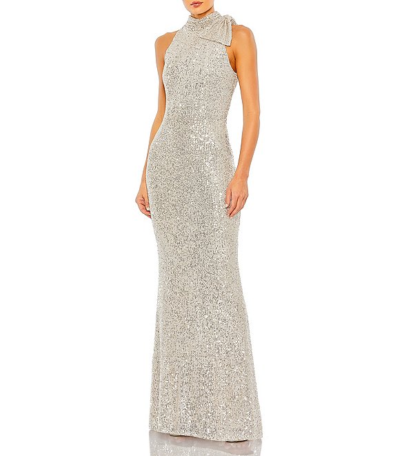 Mac Duggal Mock Neck Bow Shoulder Sequin Column Gown, Nude Silver - Image 1