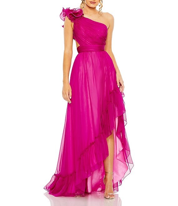 Mac Duggal One Shoulder Ruffle Sleeveless Cut Out Asymmetrical Hem High-Low Gown, Magenta - Image 1