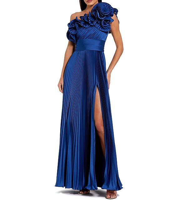Mac Duggal Pleated Charmeuse One Shoulder Sleeveless Ruffle Trim Side Slit Gown, Cobalt - Image 1