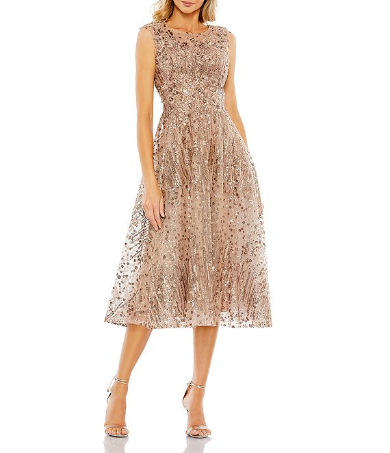 Mac Duggal Sequin Embroidered Cap Sleeve A-Line Midi Dress, Bronze - Image 1