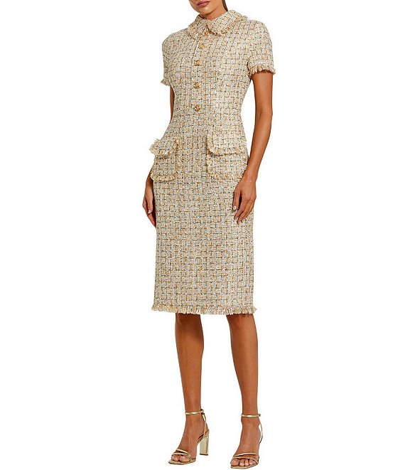 Mac Duggal Short Sleeve Boucle Collared Button Up Midi Dress, Gold Multi - Image 1