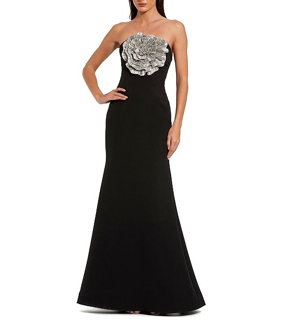 Mac Duggal Strapless 3D Rhinestone Flower Crepe Column Gown, Black - Image 1