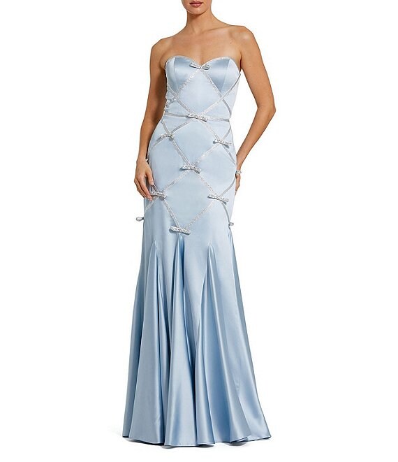 Mac Duggal Strapless Satin Charmeuse Mermaid Bow Detail Gown, Powder Blue Silver - Image 1