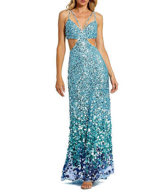 Mac Duggal Thin Strap Cut Out Ombre Sequin Gown, Ice Blue - Image 1