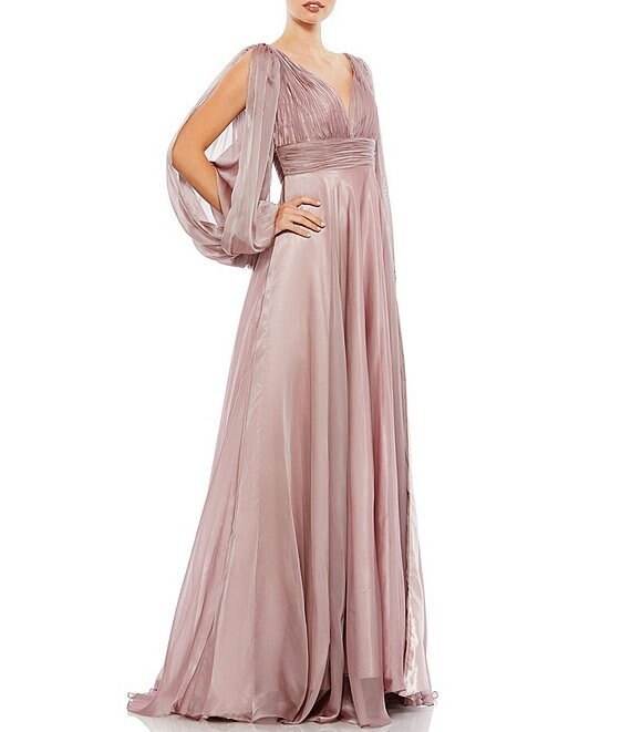 Mac Duggal V-Neck Beaded Cuff Open Long Sleeve Chiffon A-Line Plunge Back Detail Gown, Mocha - Image 1