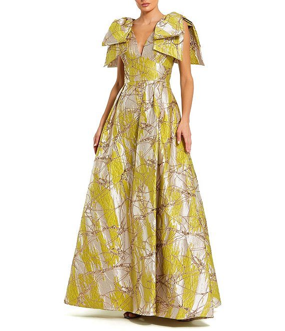 Mac Duggal V-Neck Brocade Gown With Bow Straps, Lime - Image 1