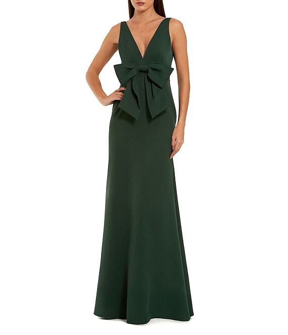 Mac Duggal V Neck Crepe Column Gown With Bow, Emerald - Image 1