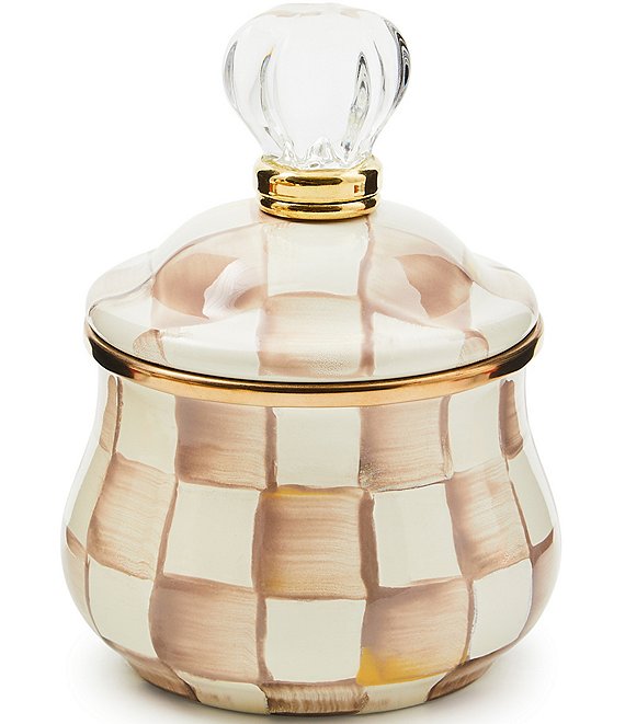 MacKenzie-Childs Courtly Check® Enamel Lidded Sugar Bowl, Mocha Check - Image 1
