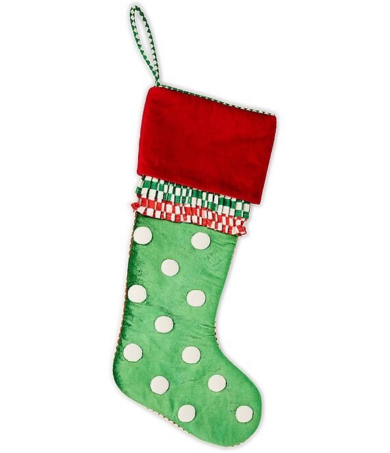 MacKenzie-Childs Holiday Collection Check It Out Polka Dot Stocking, Green - Image 1