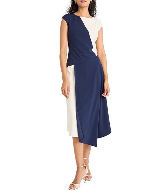 Maggy London Color Block Scuba Crepe Boat Neck Cap Sleeve Asymmetrical Midi Dress, Navy Blazer - Image 1