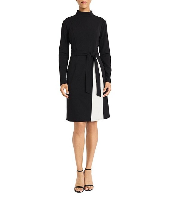 Maggy London Color Block Scuba Crepe Mock Beck Long Sleeve Self-Tie Belt A-Line Midi Dress, Black - Image 1