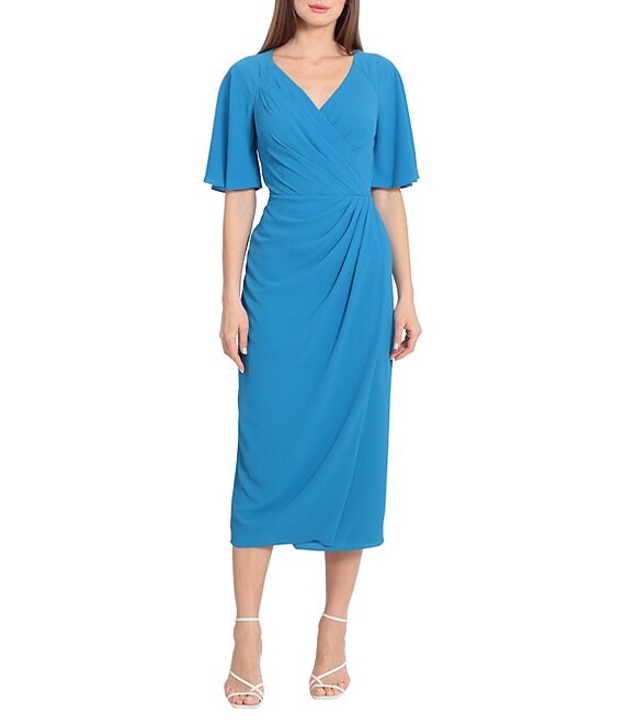 Maggy London Draped Faux Wrap Short Flutter Sleeve Surplice V-Neck Pebble Crepe Midi Dress, Bright Blue - Image 1