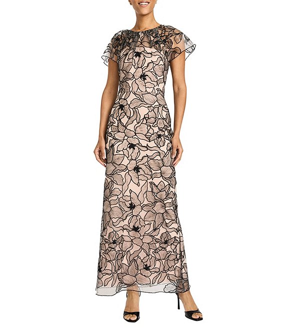 Maggy London Outlined Orchid Embroidered Mesh Flutter Sleeve Dress, Black/White - Image 1