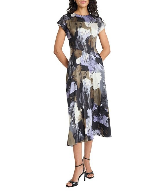Maggy London Twill Paint Print Cap Sleeve Midi Dress, Black/Olive - Image 1