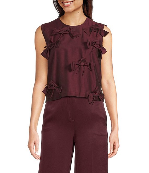 Marella Canore Popline Embroidered Bow Round Neck Sleeveless Top, Bordeaux - Image 1