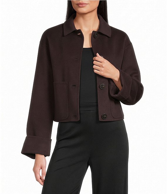 Marella Double-Sided Wool Point Collar Long Sleeve Button-Front Short Jacket