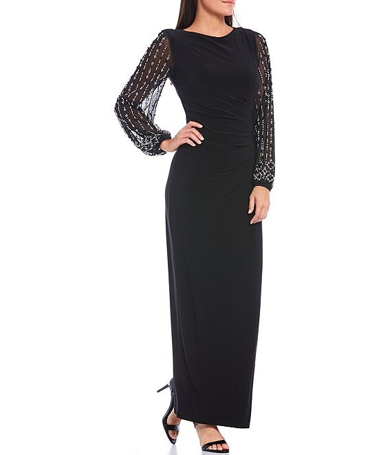 Color:Black - Image 1 - Long Beaded Sleeves Matte Jersey Gown