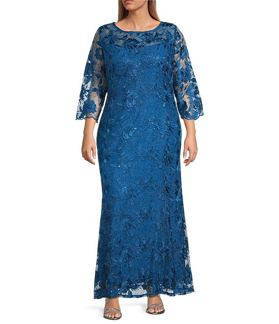 Marina Plus Size Sequin Embroidered Mesh Lace 3/4 Sleeve Gown, Teal - Image 1