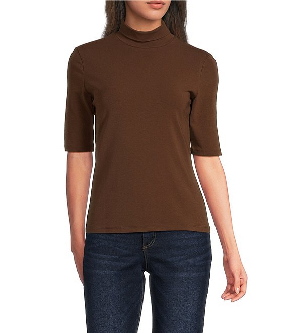MELLODAY Mock Neck Elbow Sleeve Fitted Top, Brown - Image 1
