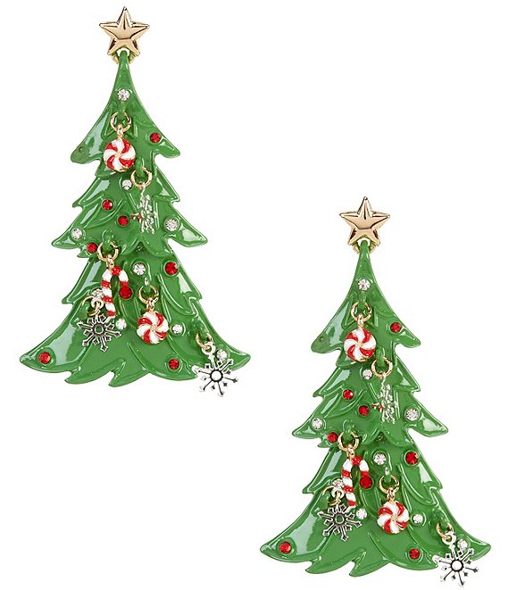 Merry & Bright Christmas Tree Multi Charm Shaky Drop Earrings, Two Tone/Multi - Image 1