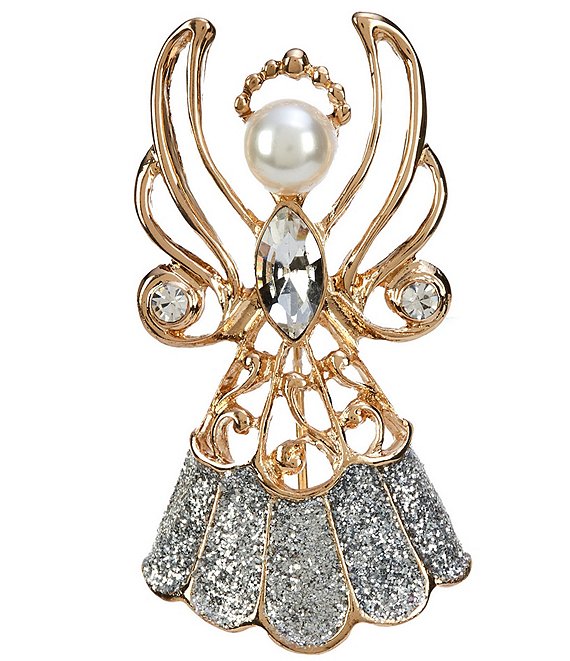 Merry & Bright Crystal Christmas Angel Scroll Pin, Gold/Pearl - Image 1