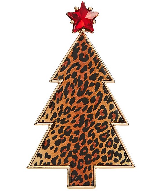 Merry & Bright Leopard Print Christmas Tree Pin, Gold/Leopard - Image 1