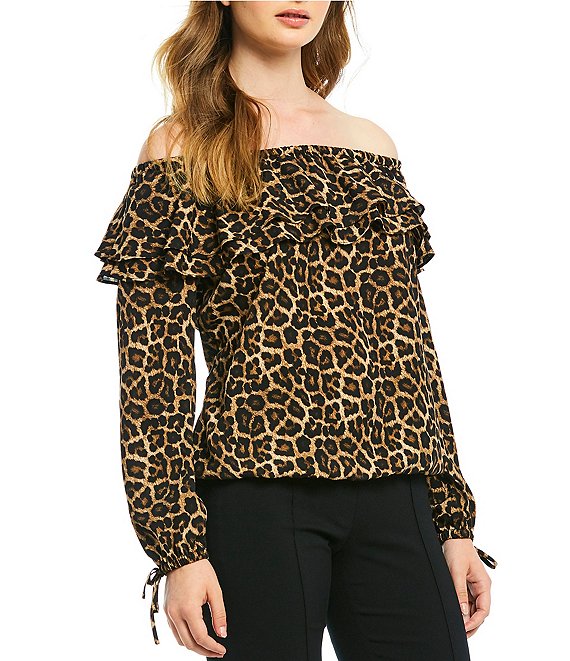 MICHAEL Michael Kors Leopard Print Ruffle Off-the-Shoulder Long Sleeve Top