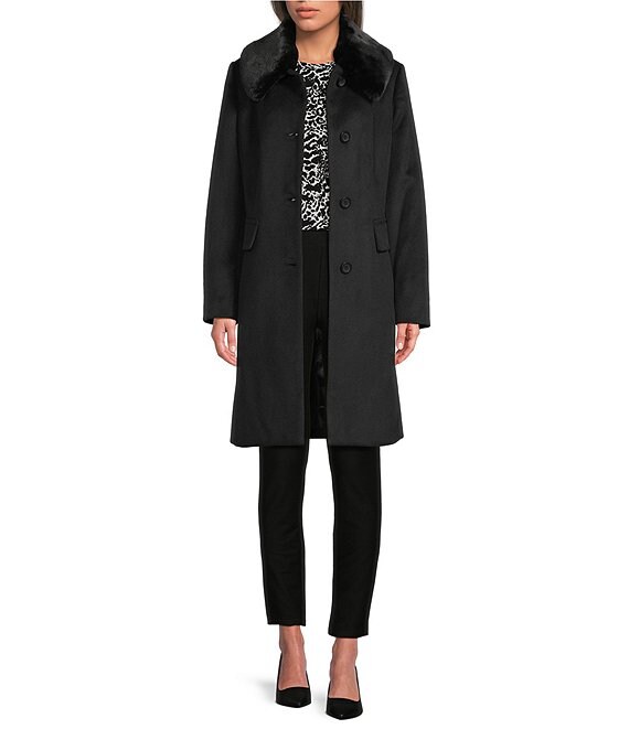 Michael Kors MICHAEL Michael Kors Wool Blend Faux Fur Trim Peter Pan Stand Collar Button Front Peacoat, Black - Image 1