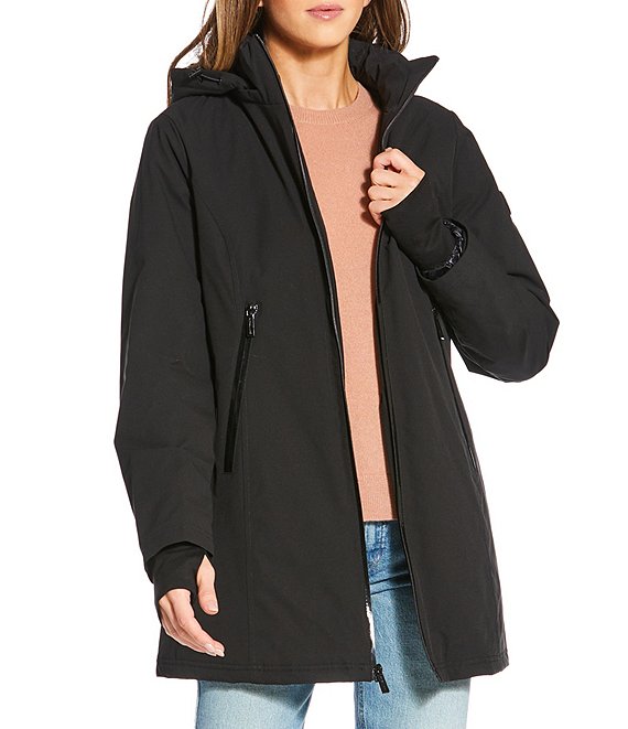 Michael Kors MICHAEL Michael Kors Woven Removable Hooded Stand Collar Water Resistant Zip Front Anorak Jacket, Black - Image 1