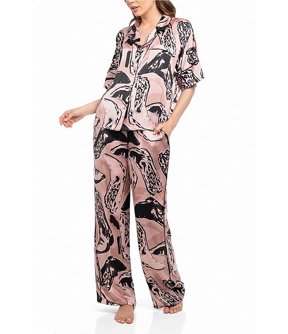 Midnight Bakery Western Boot Print Short Sleeve Notch Collar Satin Long Pajama Set, Mauve - Image 1