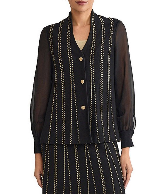 Ming Wang Coordinating Lurex Soft Knit Stripe Collar V-Neck Sheer Long Sleeve Cardigan, Black/Gold - Image 1