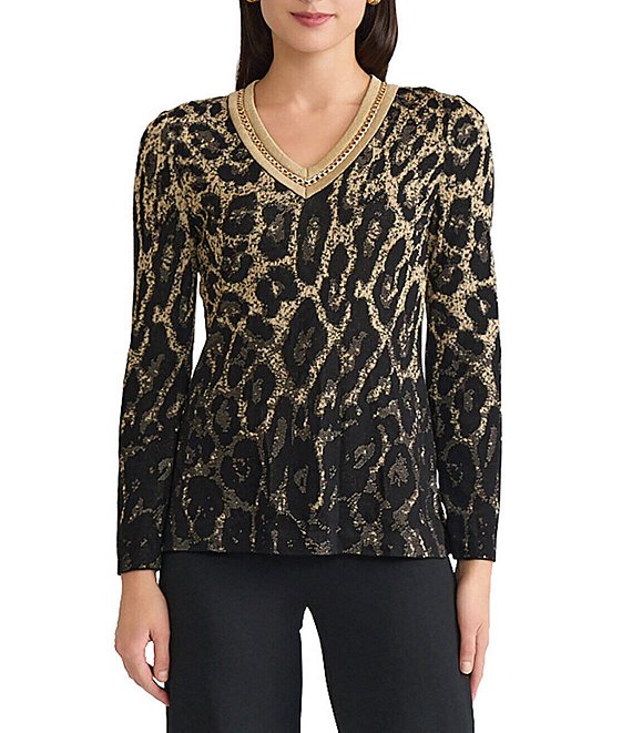 Ming Wang Lurex Leopard Print Jacquard V-Neck Long Sleeve Tunic, Black/Gold - Image 1