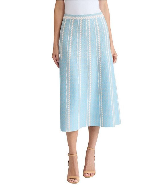 Ming Wang Coordinating Multi-Pattern Soft Knit A-Line Midi Skirt, Serene/Limestone - Image 1