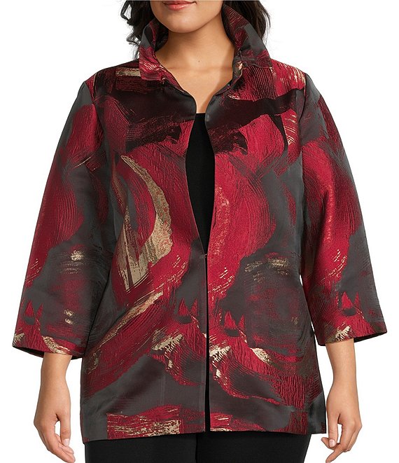 Ming Wang Plus Brushstrok Jacquard Ruffle Collar Bracelet Sleeve Jacket, Holiday/Gold/Black - Image 1