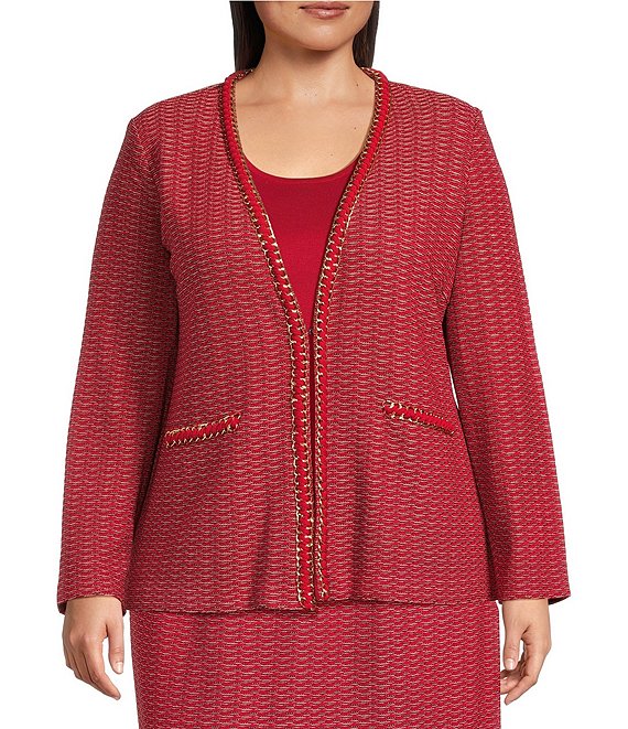 Ming Wang Plus Whipstitch Chain Trim Knit Long Sleeve Jacket, Holiday/Gold/Black - Image 1