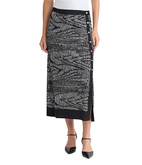 MISOOK Abstract Animal Print Coordinating Soft Knit Side Button Midi Skirt, Black/White - Image 1