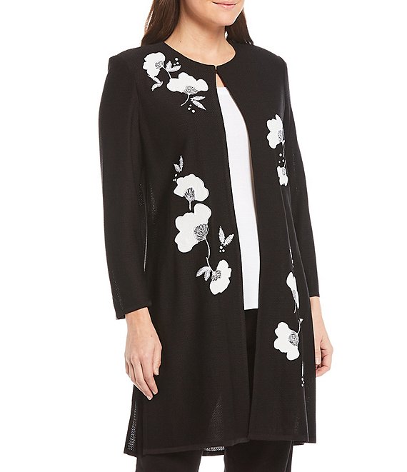 Color:Black/White - Image 1 - Crew Neck 3/4 Sleeve Embroidered Duster