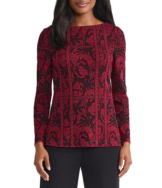 MISOOK Jacquard Pattern Soft Knit Boat Neck Long Sleeve Tunic, Scarlet Red/Black - Image 1