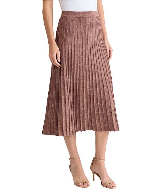 MISOOK Lurex Soft Metallic Ribbed Knit A-Line Midi Skirt, Midnight Umber - Image 1
