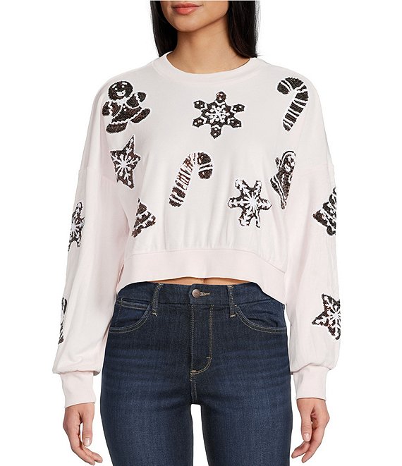 Miss Chievous Gingerbread Embroidered Sequin Long Sleeve Cropped Pullover, Barley Pink - Image 1