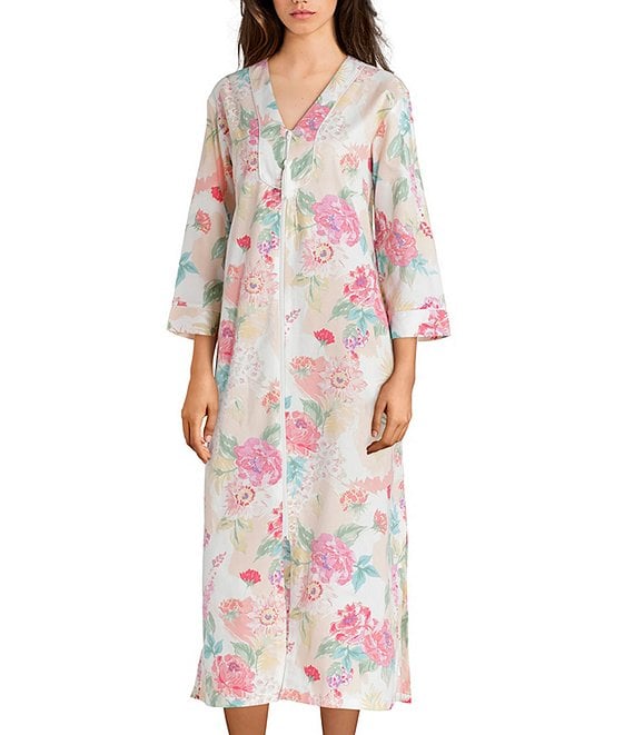 Miss Elaine Floral-Printed Sateen Long Zip-Front Robe