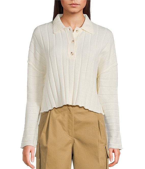 Mod Ref Button Front Long Sleeve Collared Sweater, Cream - Image 1
