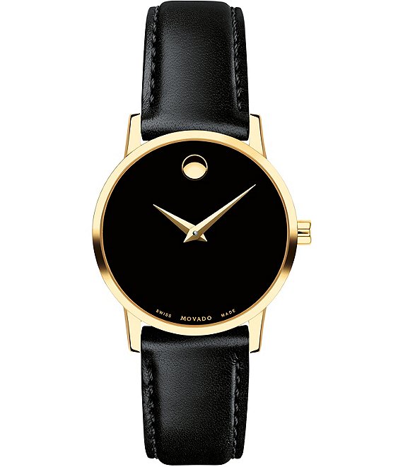 Movado Museum Classic Black And Gold Calfskin Strap Watch